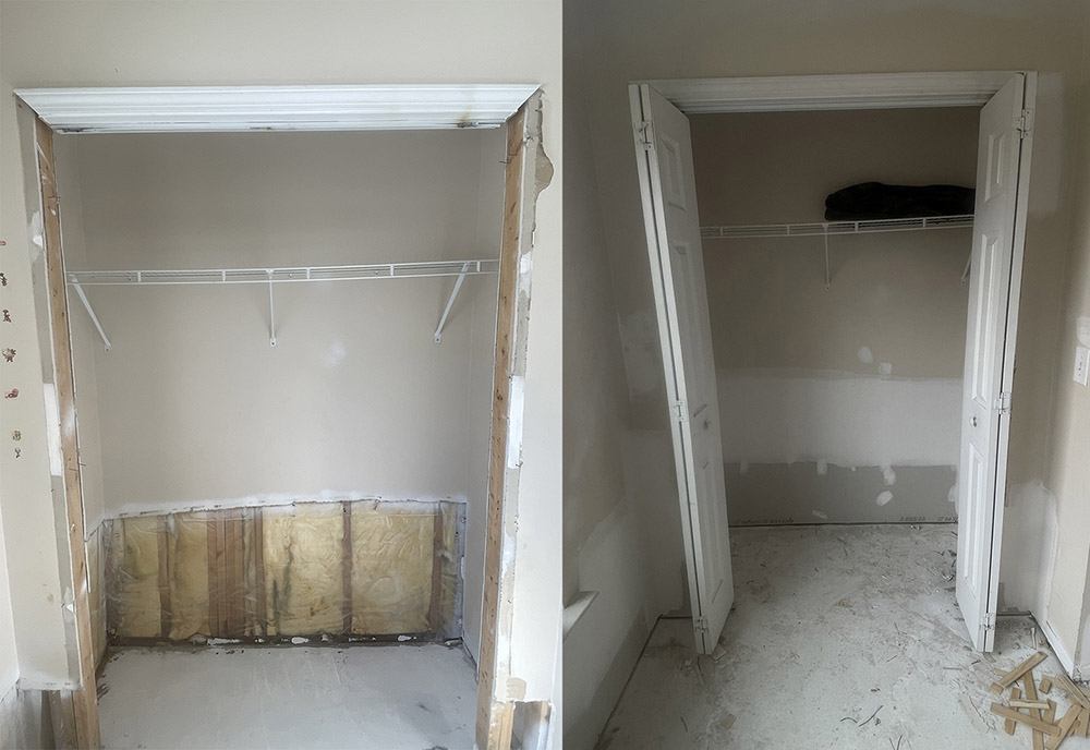 Closet flood cut before and after comparison